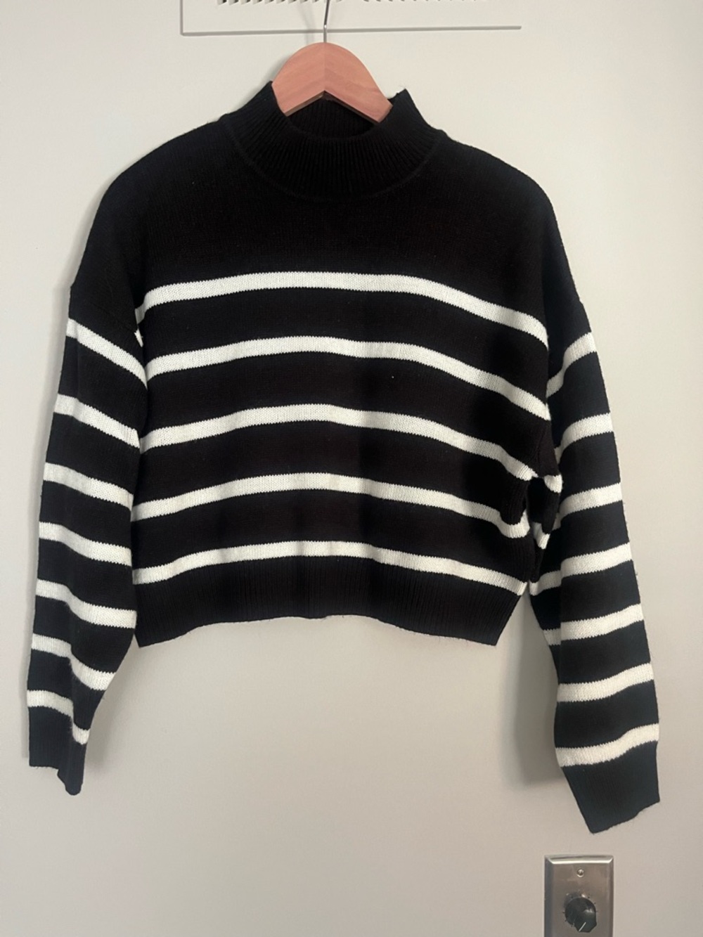 H&M Black and White Striped Cropped Turtleneck Sweater